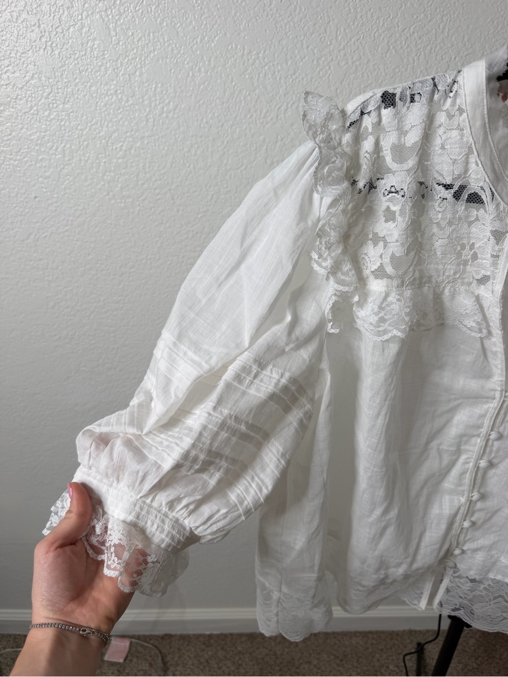 Anthropologie Cream Lace-Trim Puff Sleeve Blouse - Picture 10 of 12